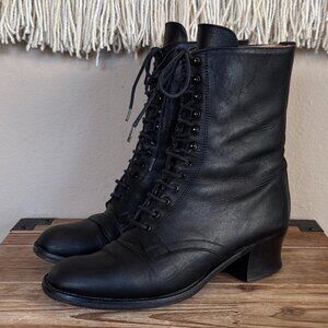 80s Vintage Guess Black 100% Leather Edwardian Heeled Lace Up Ankle Boots Size 8